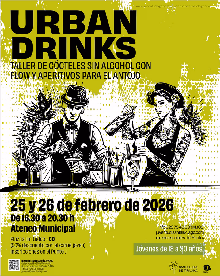 Taller de cócteles para jóvenes "Urban Drinks" en el Ateneo Municipal de Vecindario, Santa Lucía, Gran Canaria.