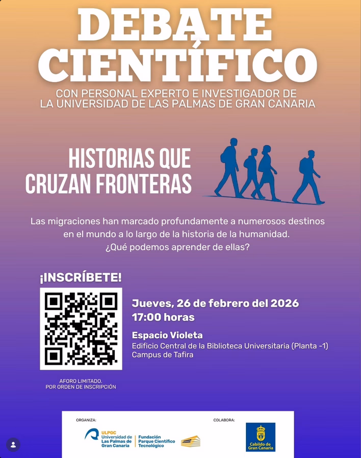 Charla - Debate científico "Historias que cruzan fronteras" en el Edificio Central de la Biblioteca Universitaria, Tafira, Las Palmas de Gran Canaria.