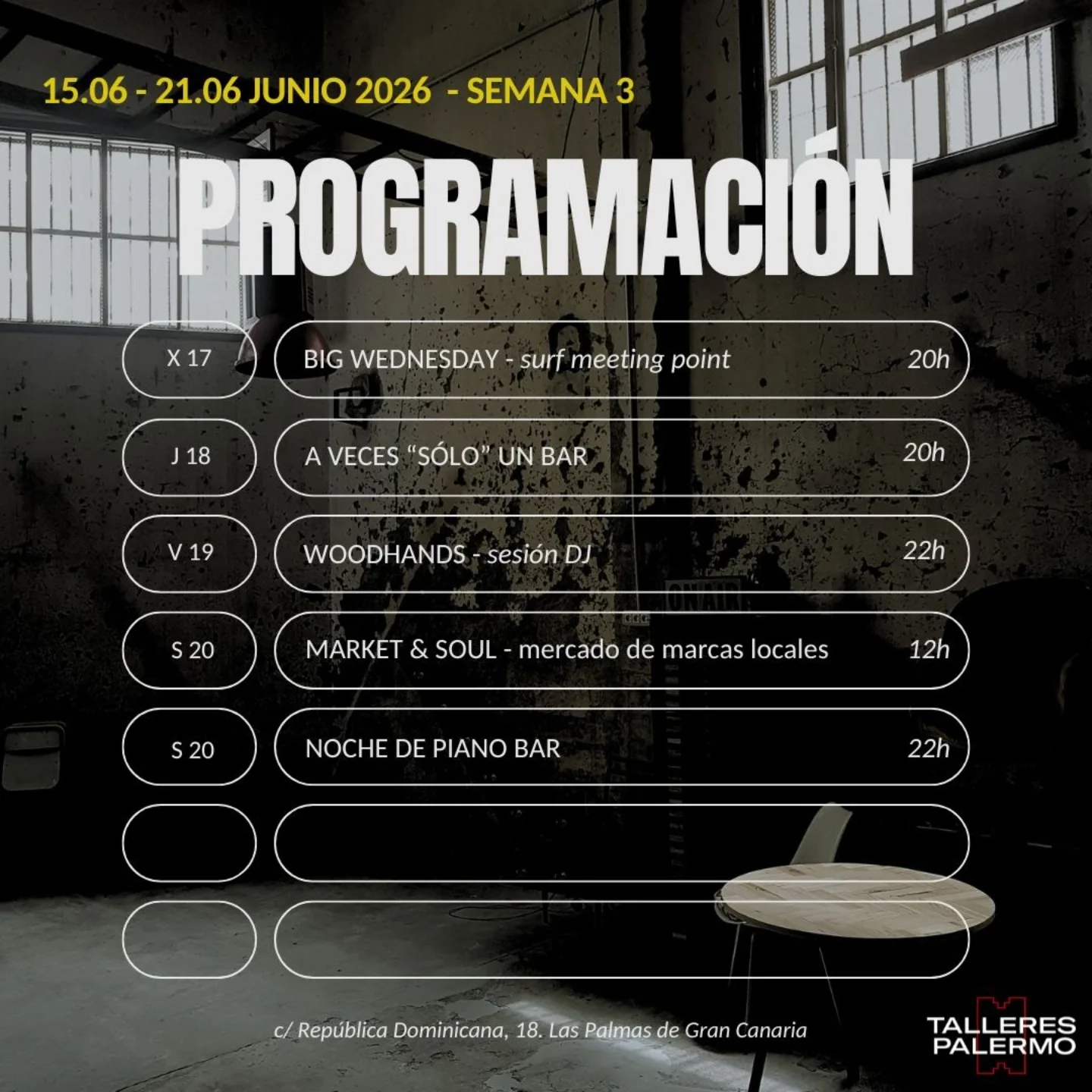 Programación de eventos de Talleres Palermo 3ª semana Junio